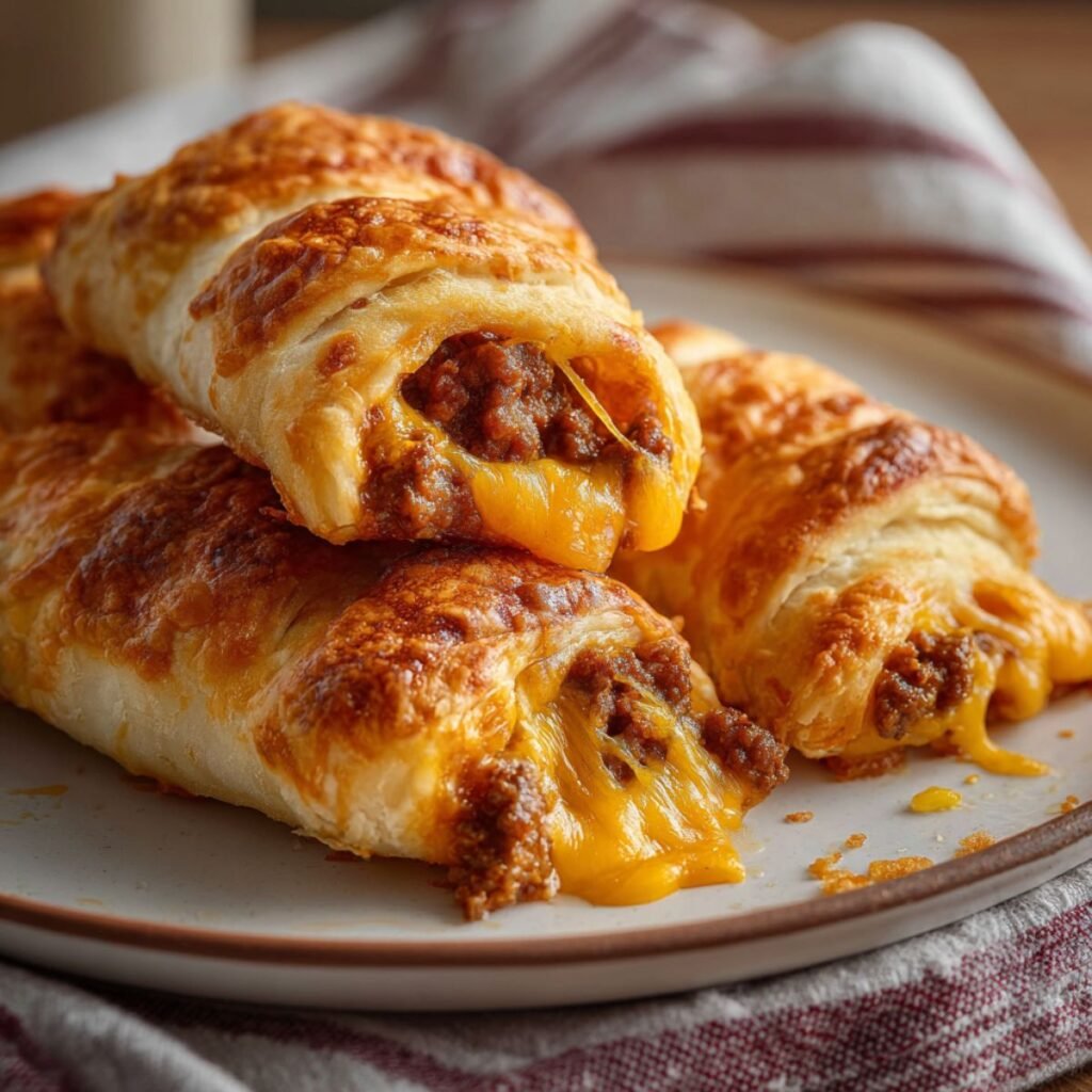  homemade cheesy taco sticks with golden crescent roll dough and seasoned beef filling on striped plate - Aunty Meals recipe