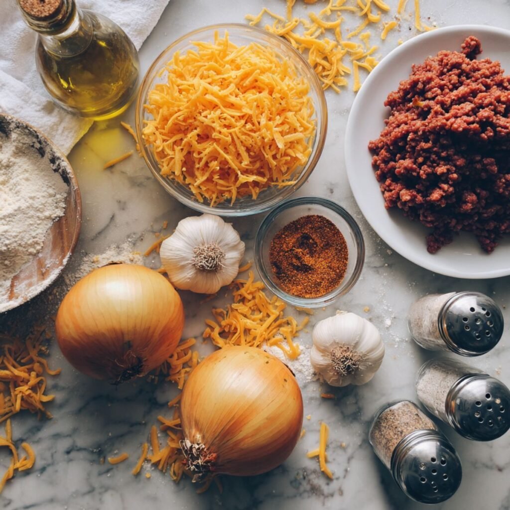 Fresh ingredients for cheesy taco sticks recipe including crescent rolls, ground beef, cheddar cheese, onion and taco seasoning - Aunty Meals authentic cooking