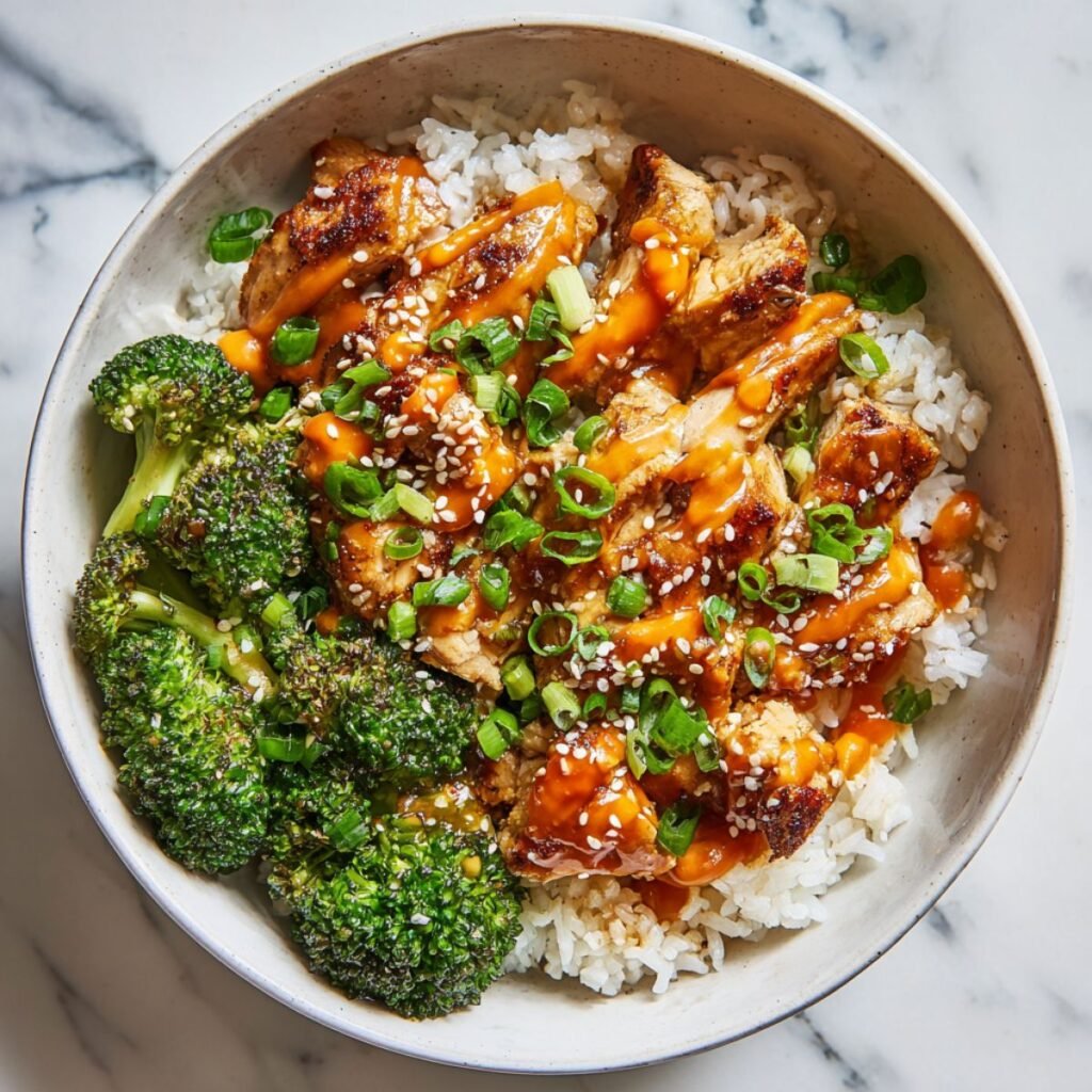 Homemade chicken rice bowl with sticky glazed chicken, steamed broccoli, and jasmine rice in white bowl - Aunty Meals healthy recipe