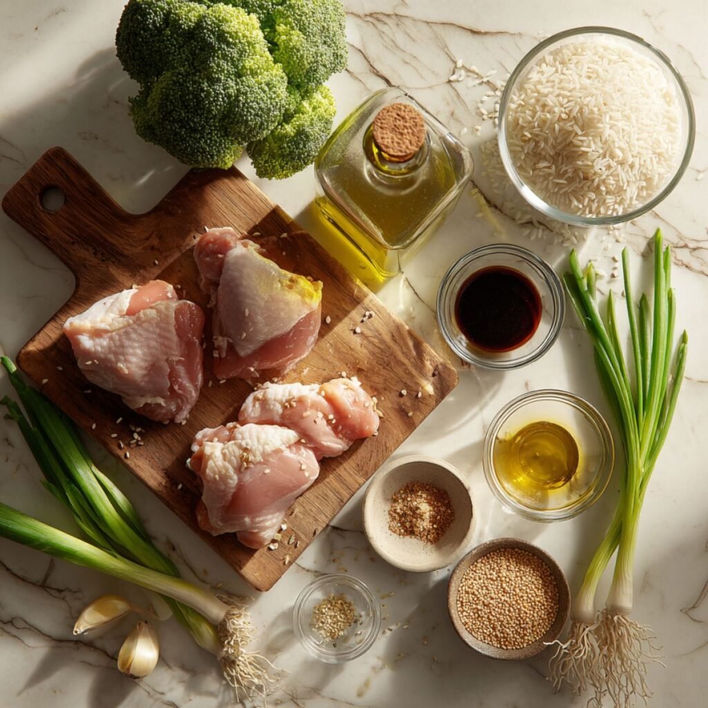 Fresh ingredients for chicken rice bowl including raw chicken, jasmine rice, broccoli, and Asian sauces on white marble counter - Aunty Meals cooking