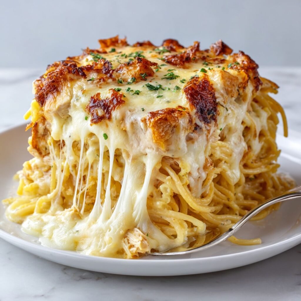 cheesy chicken spaghetti casserole slice with abundant melted cheese oozing over pasta and chicken. Southern comfort food loaded with golden cheese layers and crispy baked top crust.