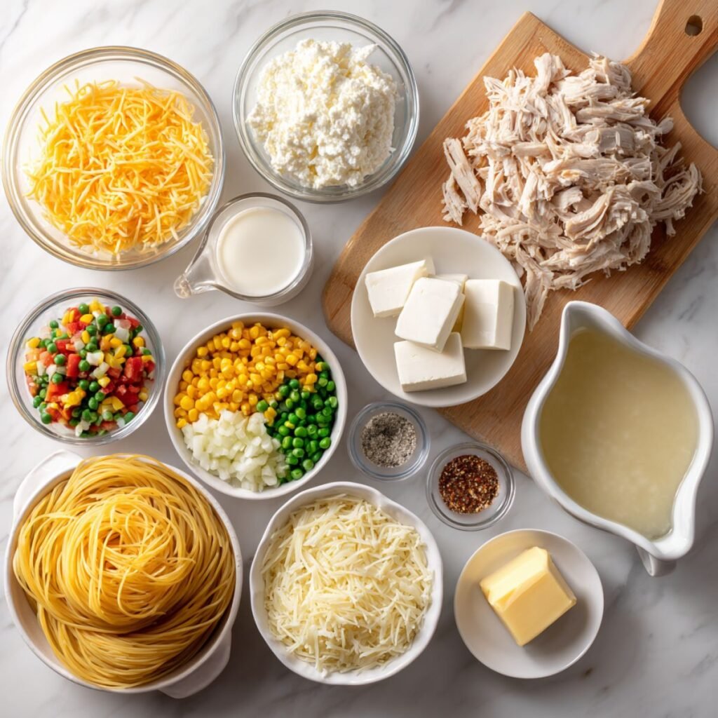 ingredients for chicken spaghetti casserole including shredded rotisserie chicken, spaghetti noodles and fresh cheeses