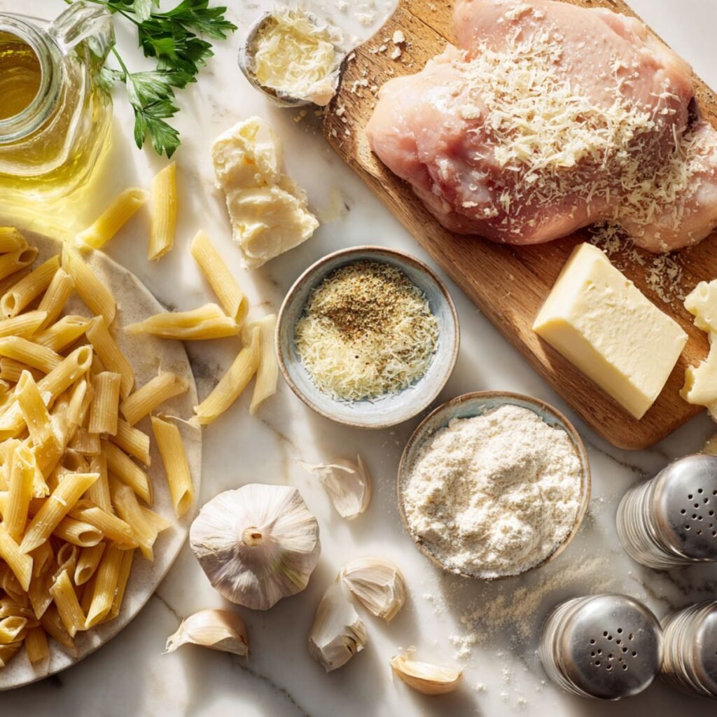 Fresh ingredients for garlic parmesan chicken pasta recipe including penne pasta, chicken breast, fresh garlic, parmesan cheese, and heavy cream Aunty Meals creamy pasta cooking