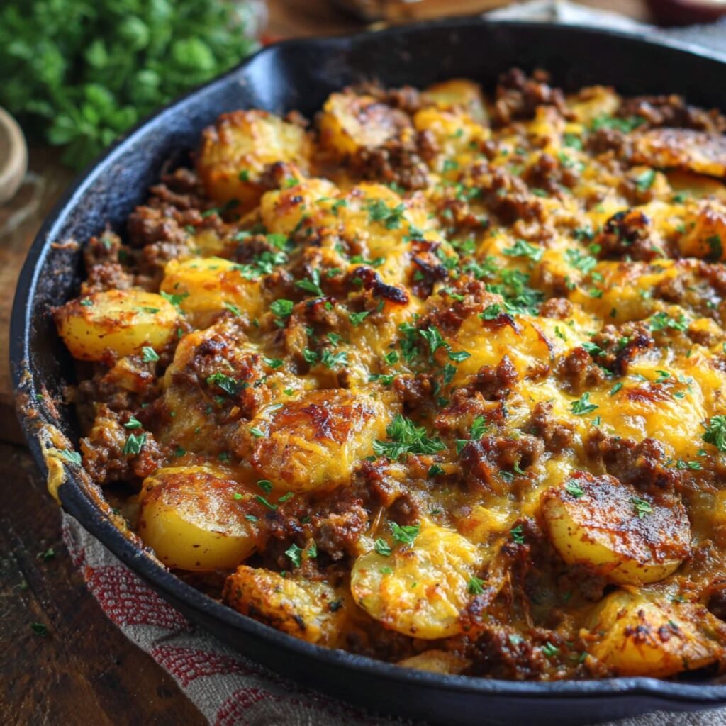 Bubbling cheesy ground beef and potatoes casserole in a black skillet, topped with fresh parsley and crispy golden edges — hot, homemade, and comforting.