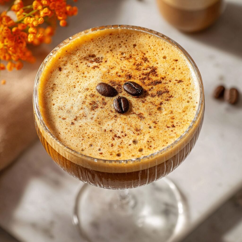Homemade pumpkin spice espresso martini with creamy foam layer, cinnamon dust, and coffee bean garnish in coupe glass - Aunty Meals fall cocktail recipe