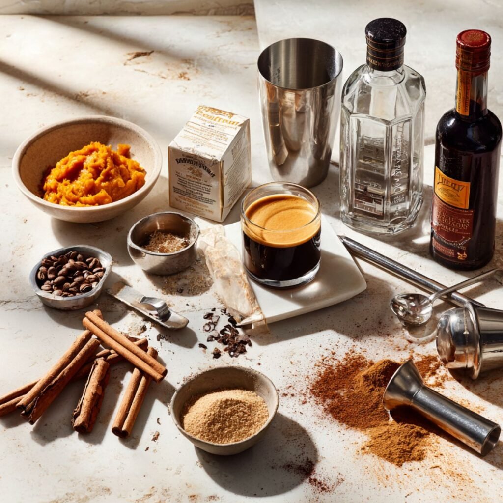 Fresh ingredients for pumpkin spice espresso martini including espresso, vodka, coffee liqueur, pumpkin puree, and warm spices - Aunty Meals autumn cocktail