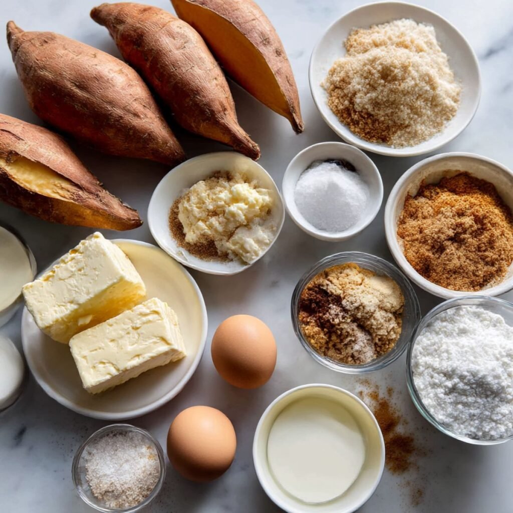 Overhead shot of sweet potato cheesecake ingredients including sweet potatoes, cream cheese, spices, eggs, and graham cracker crumbs.