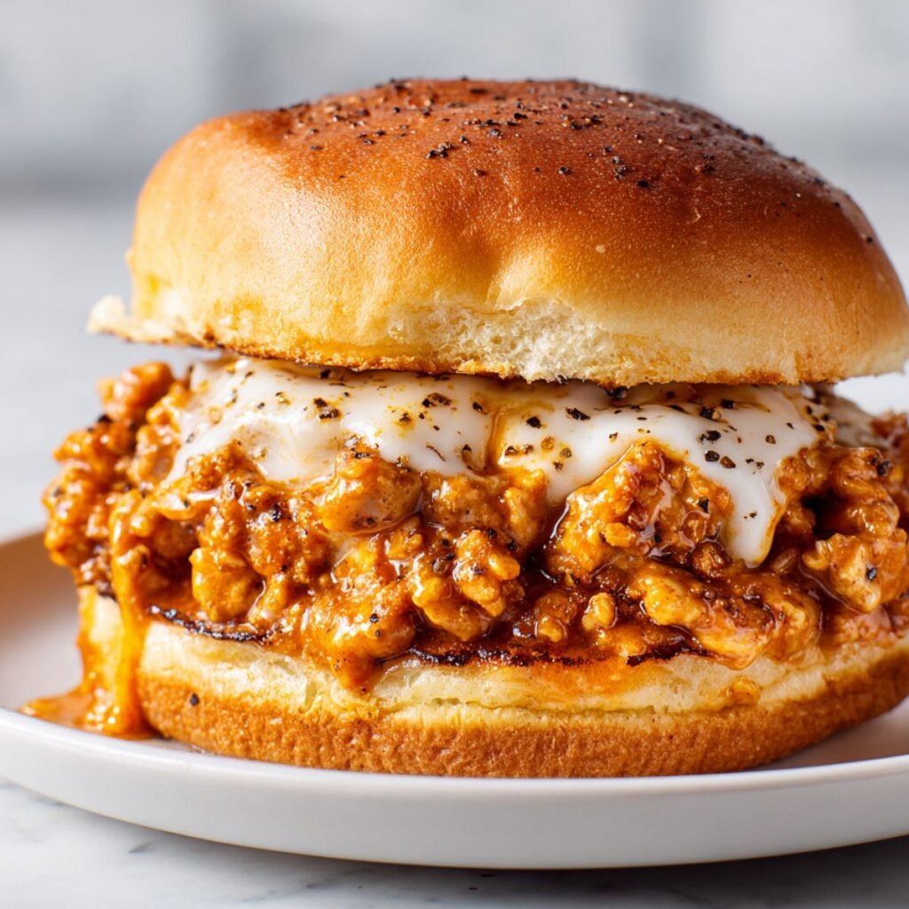 Cajun chicken sloppy joes with chunky seasoned ground chicken in cajun sauce, melted white cheese and black pepper on toasted hamburger bun. Comfort food sandwich with glossy sauce and generous cheese coverage.