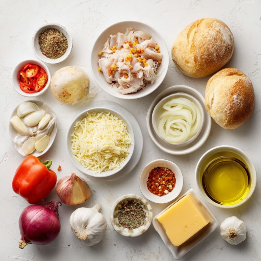 Ingredients for chicken sloppy joes including ground chicken, vegetables, cheese and seasonings arranged on marble counter for cooking preparation.