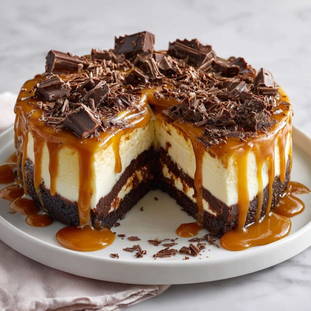 Caramel brownie cheesecake with slice cut showing three layers: brownie base, cheesecake middle, caramel top with chocolate shavings. Triple-layer dessert with golden caramel drizzle and rich chocolate garnish on white plate