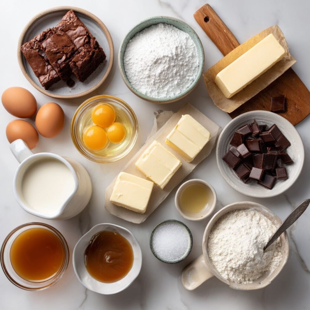 Complete ingredients for caramel brownie cheesecake including brownie mix, cream cheese, eggs and caramel sauce components. All baking ingredients arranged in bowls and dishes on white marble counter for triple-layer dessert preparation.