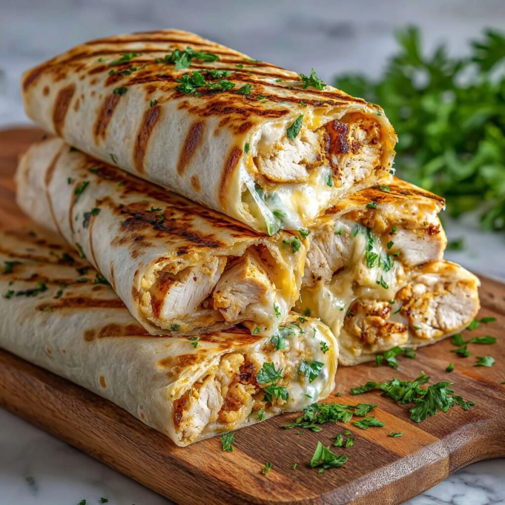 Cheesy garlic chicken wraps sliced in half showing melted cheese oozing out with seasoned chicken filling