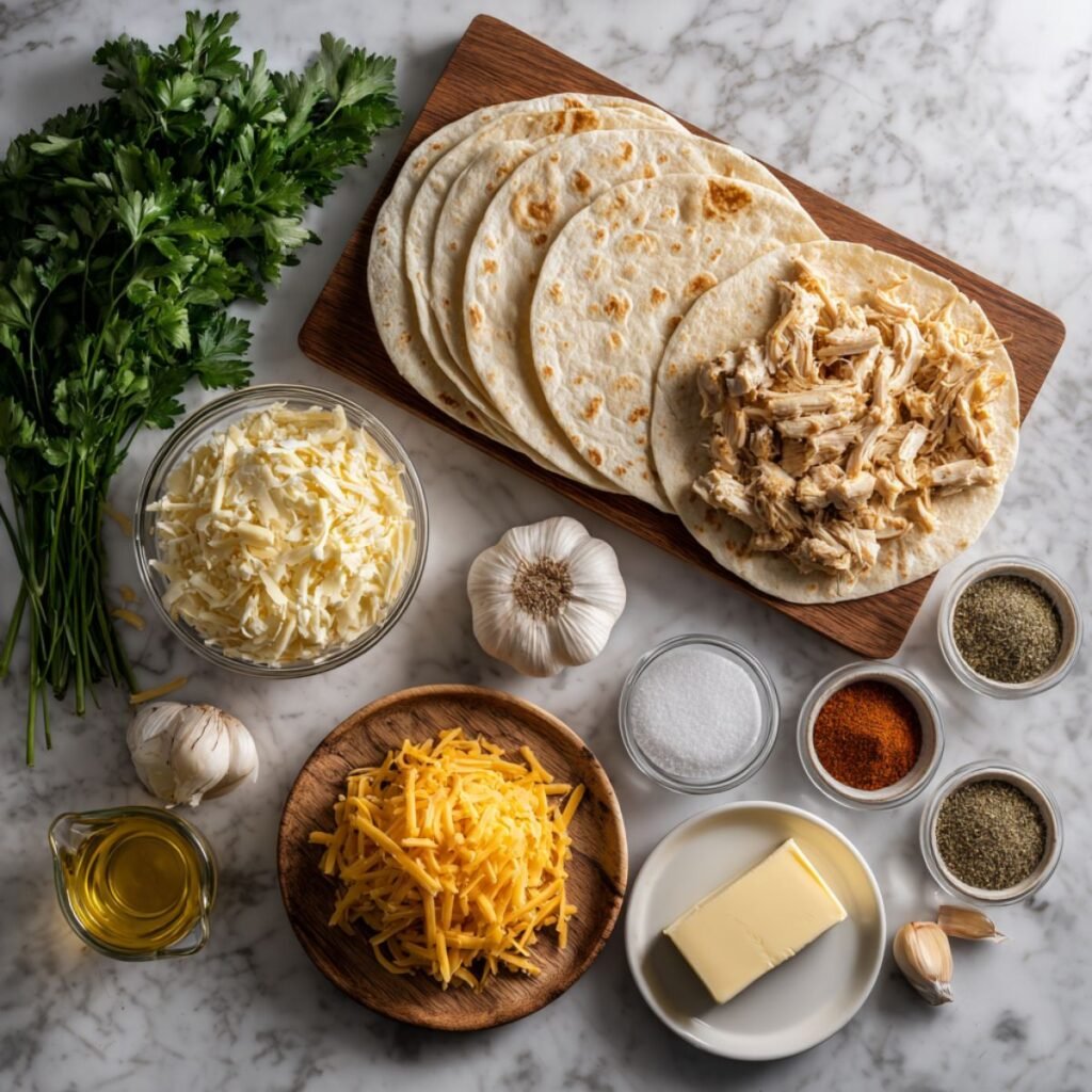 Complete ingredients for cheesy garlic chicken wraps including flour tortillas, shredded chicken, mozzarella and cheddar cheese.