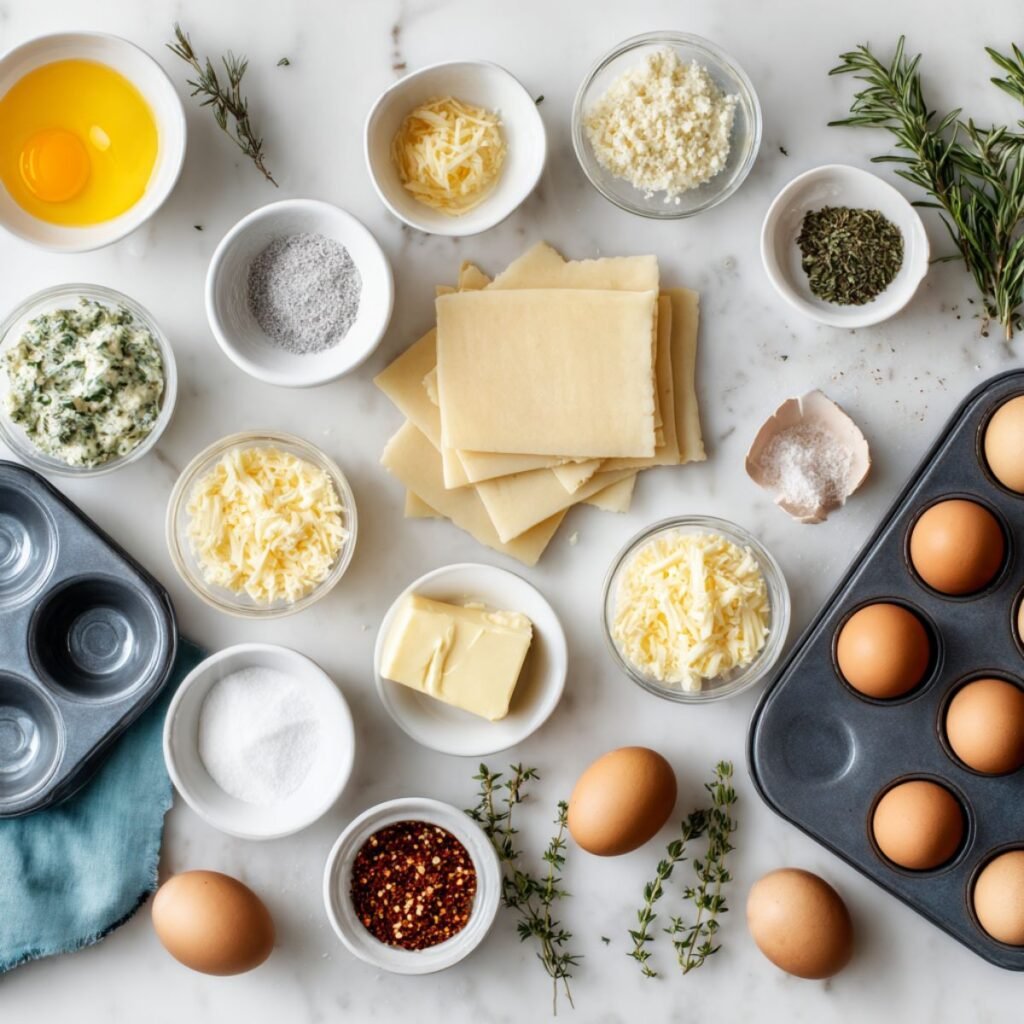 Ingredients for cheesy garlic cruffins including puff pastry, butter, cheese and herbs arranged for baking preparation.