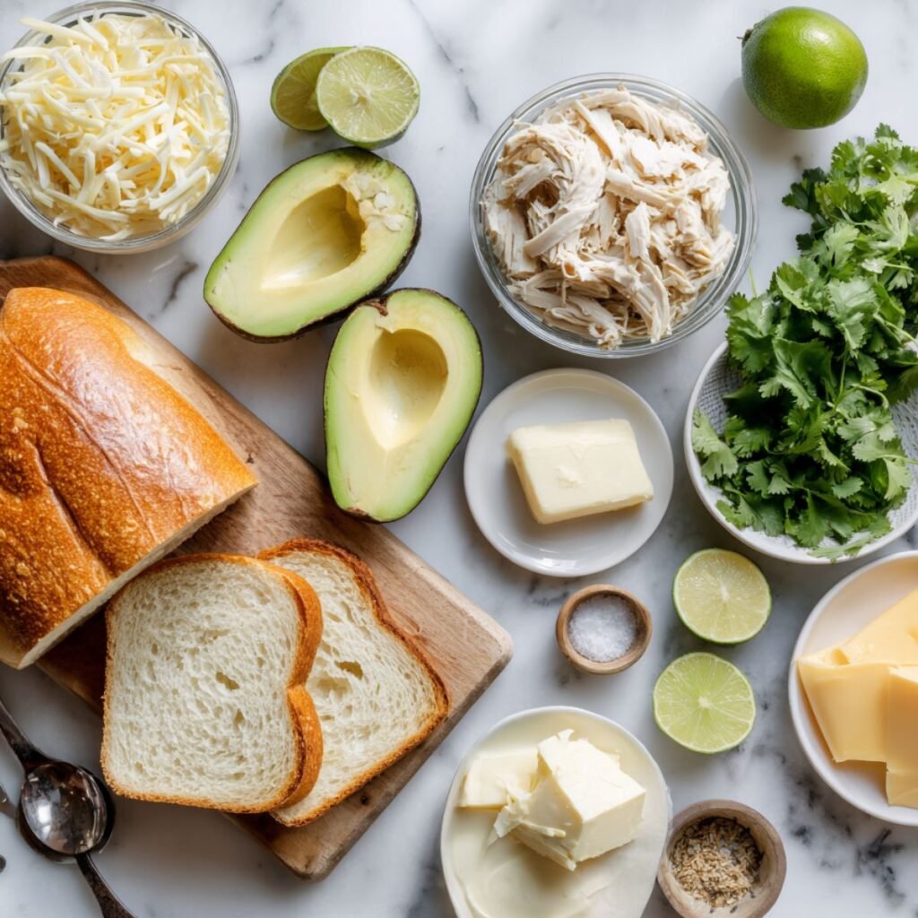 Fresh ingredients for chicken avocado melt including sourdough bread, ripe avocados, cooked chicken and cheese. Complete recipe components arranged on white marble counter for easy 15 minute preparation.