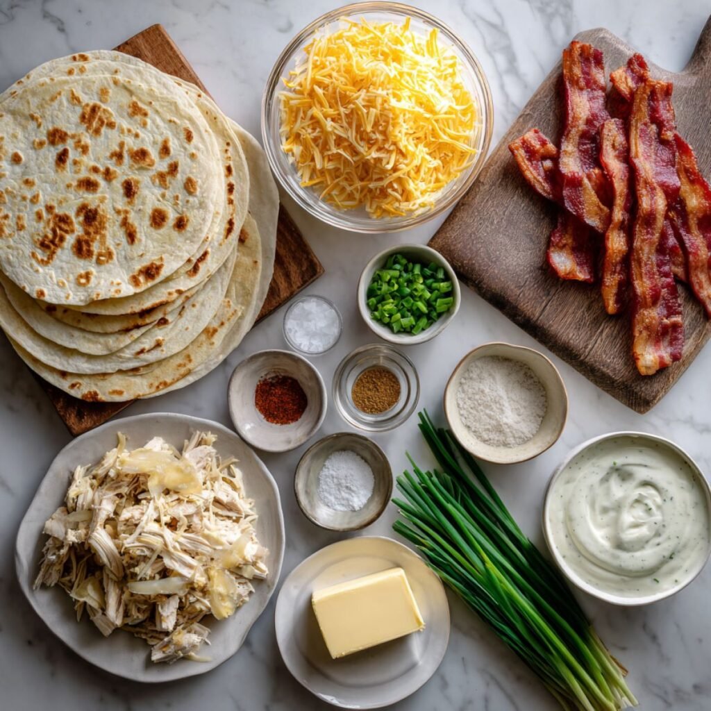 Complete ingredients for chicken bacon ranch quesadilla including flour tortillas, cooked chicken, crispy bacon and ranch dressing.