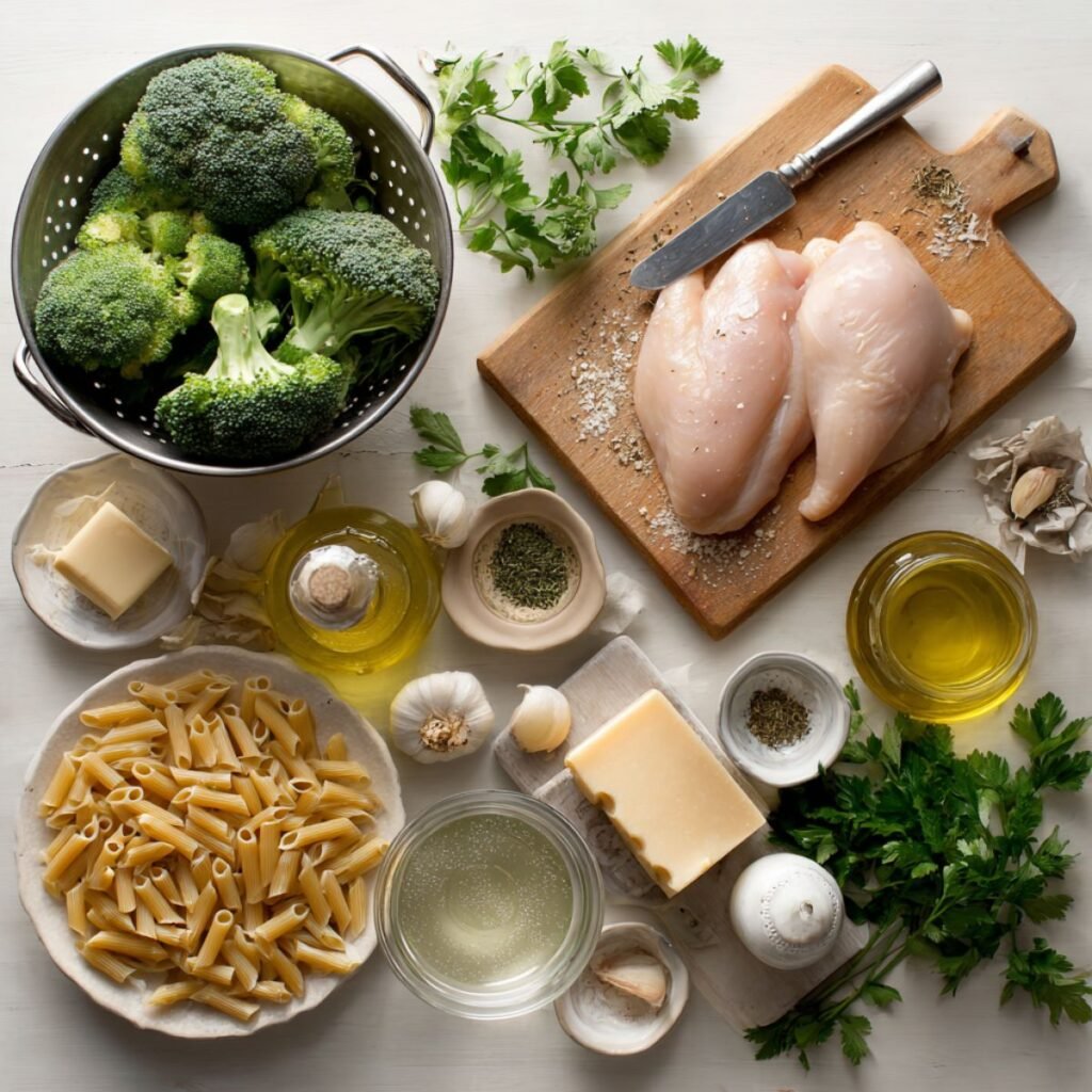 Fresh ingredients for chicken broccoli pasta including raw chicken breast, broccoli crowns and penne pasta. Complete recipe components arranged on white kitchen counter for easy 30 minute preparation.