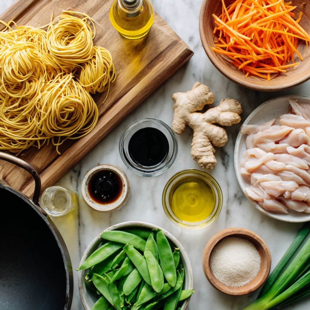 Complete ingredients for chicken lo mein including fresh lo mein noodles, sliced chicken breast, colorful vegetables and authentic Chinese sauces.
