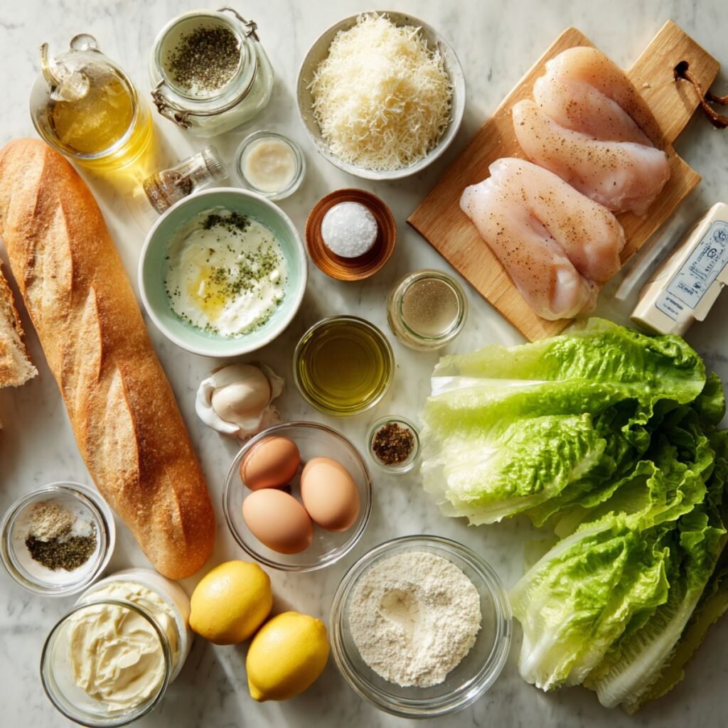 Complete ingredients for chicken Caesar sandwich including raw chicken, romaine lettuce, Parmesan cheese and Caesar dressing.