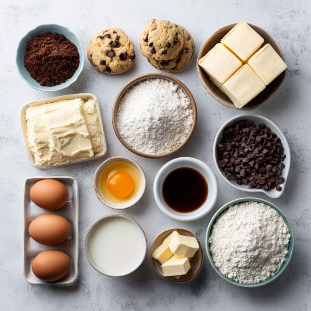 Ingredients for chocolate chip cheesecake cookies including cream cheese, chocolate chips, flour and baking essentials arranged for cookie preparation.