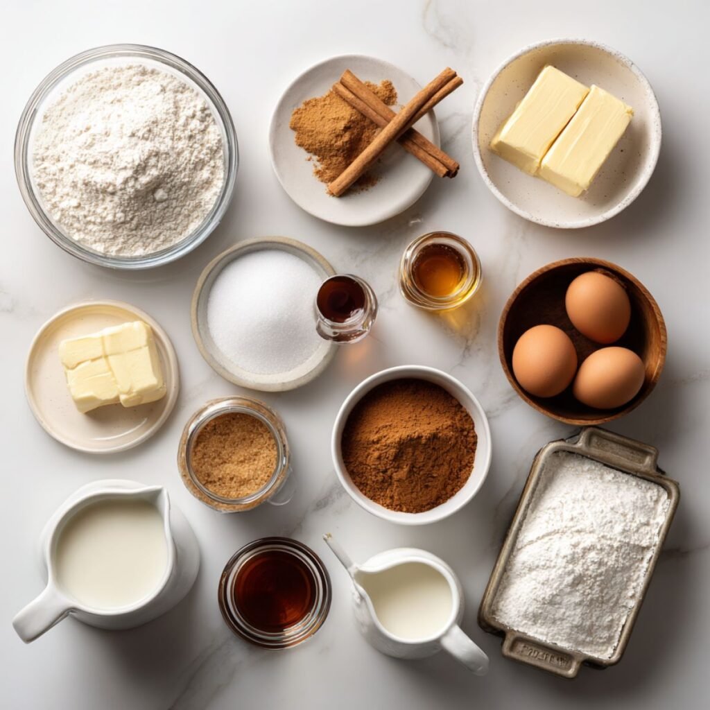 Complete ingredients for cinnamon roll bliss bars including flour, butter, sugars, eggs and spices.