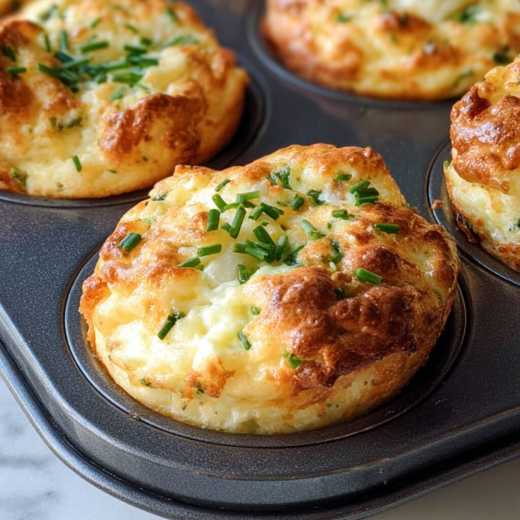 Cottage cheese egg muffins with golden-brown tops and fresh chives baked in muffin tin