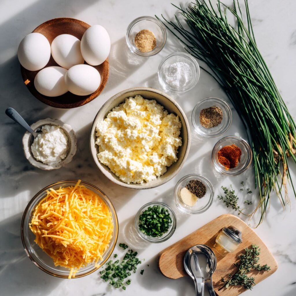 Complete ingredients for cottage cheese egg muffins including fresh eggs, cottage cheese, shredded cheese and chives