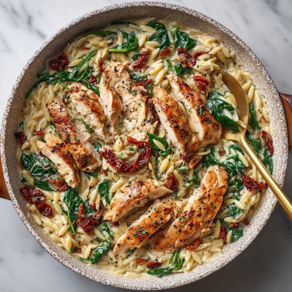 Creamy chicken orzo with thinly sliced golden chicken, fresh spinach and sun-dried tomatoes in ceramic skillet.