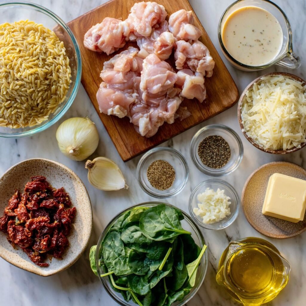 Complete ingredients for creamy chicken orzo including raw chicken, orzo pasta, heavy cream and fresh spinach.