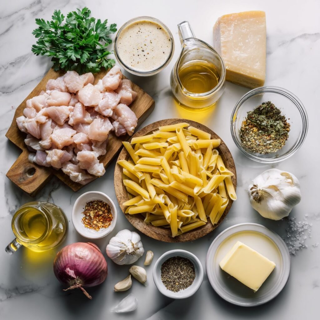 Fresh ingredients for creamy cajun chicken pasta including chicken breast, penne pasta, cajun seasoning and heavy cream on white marble counter. Complete recipe components arranged for easy 30 minute preparation.