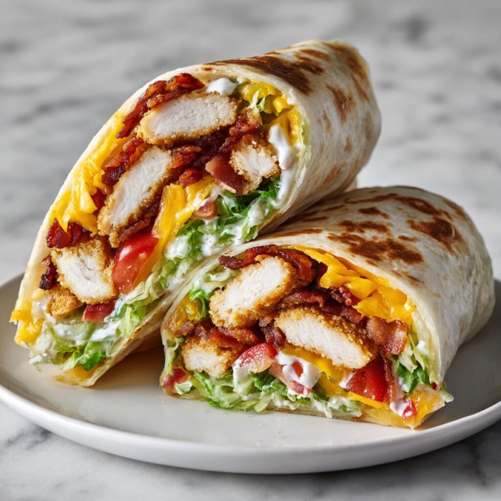 Crispy chicken bacon ranch wrap cut in half showing loaded layers on white plate. Restaurant-quality 20 minute recipe with golden chicken, crispy bacon and melted cheese in toasted tortilla.