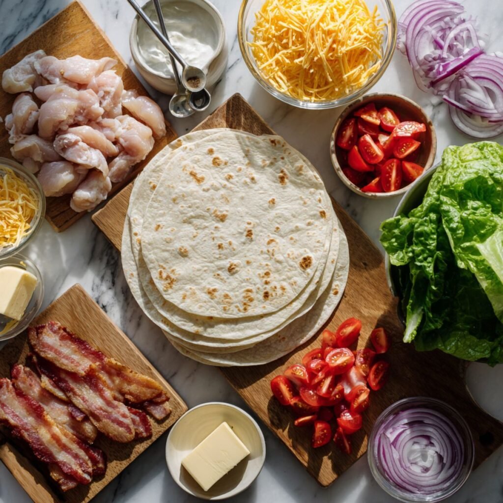 Complete ingredients for crispy chicken bacon ranch wrap including chicken tenders, bacon, tortillas and fresh vegetables. All wrap components arranged in bowls on white marble counter for easy 20 minute preparation.