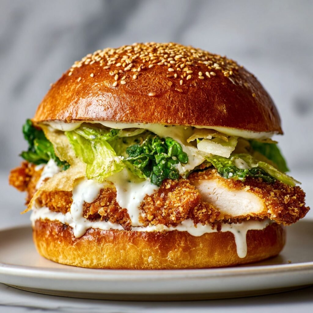 Crispy chicken caesar sandwich with golden breaded chicken cutlet, fresh romaine lettuce and creamy caesar dressing on toasted brioche bun