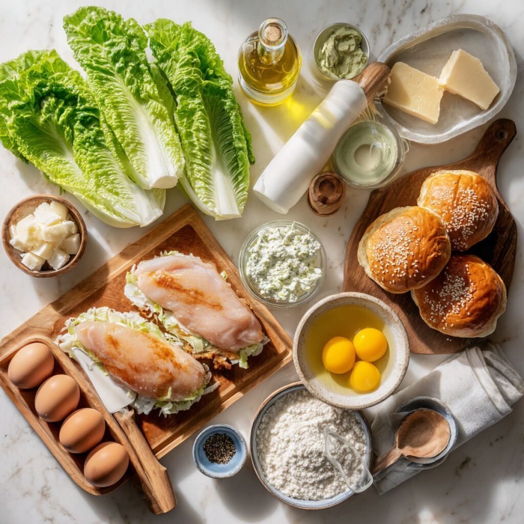 Complete ingredients for crispy chicken caesar sandwich including raw chicken, breading components, fresh romaine and caesar dressing.