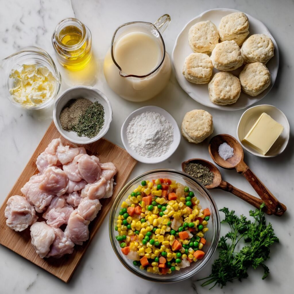 Fresh ingredients for crock pot chicken pot pie including chicken thighs, frozen vegetables, biscuits and cream soup on white marble counter. Complete slow cooker recipe components arranged for easy 4 hour preparation.