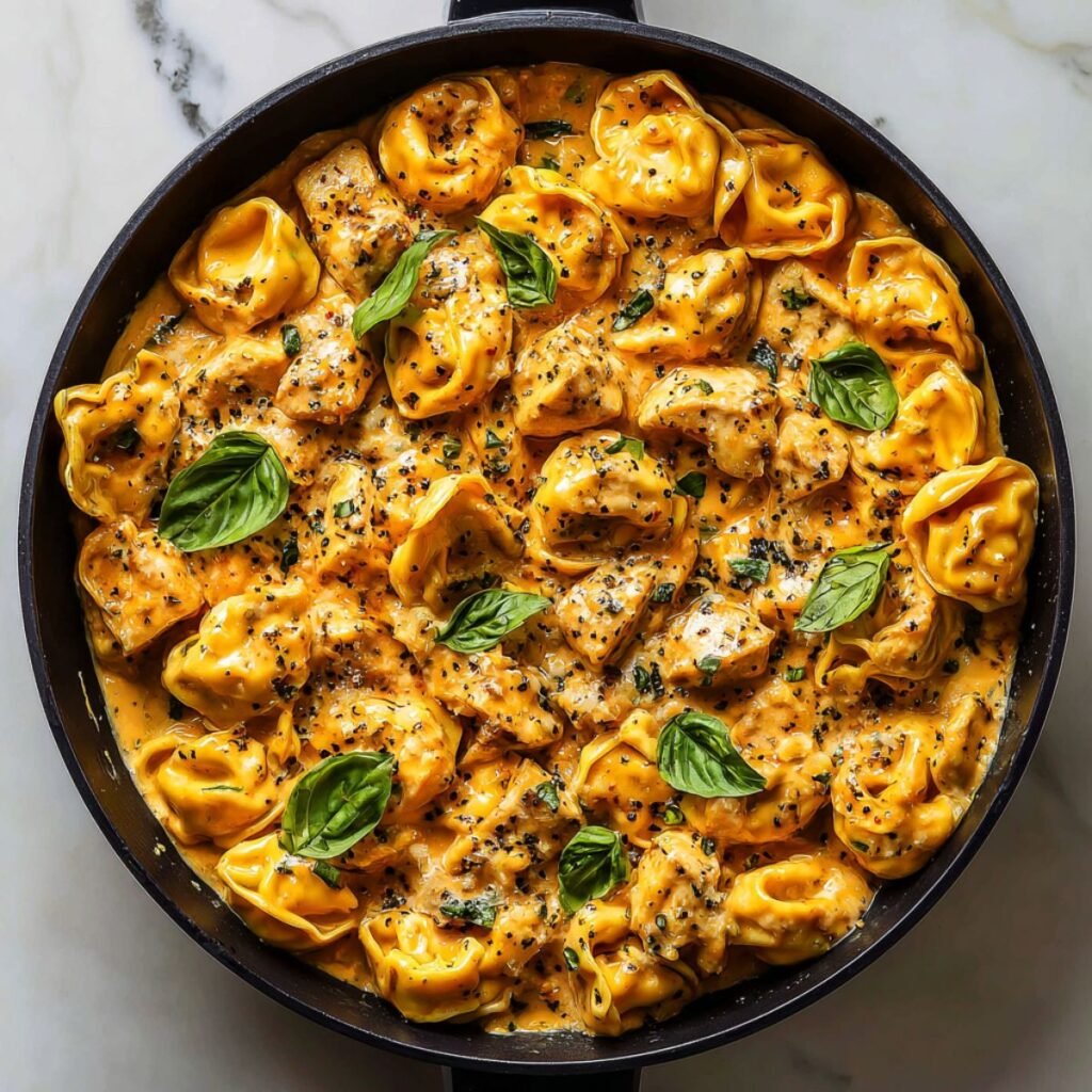 CrockPot chicken tortellini with cheese filled pasta, tender chicken pieces and creamy sauce garnished with fresh basil. Comfort food pasta dish in cast iron skillet photographed from above.