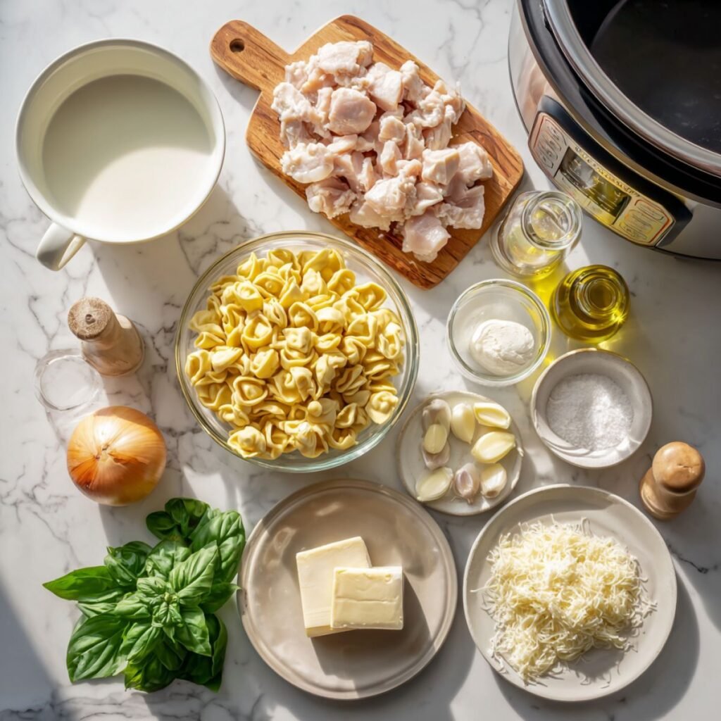 Complete ingredients for crockpot chicken tortellini including chicken chunks, cheese tortellini, cream and fresh basil. All slow cooker pasta components arranged on white marble counter for easy preparation.