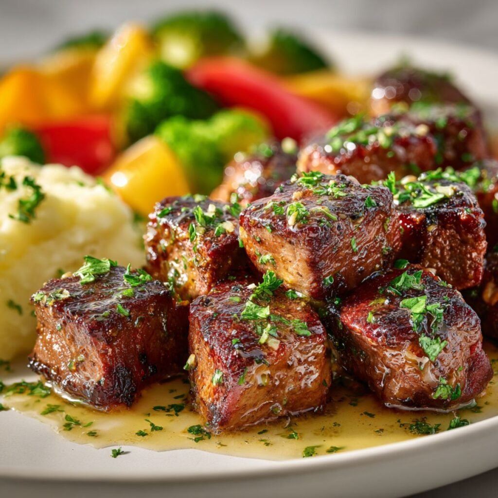 Garlic butter steak bites with perfect golden sear and creamy garlic butter sauce, garnished with fresh parsley. Tender beef cubes in rich herb butter with mashed potatoes and vegetables in background.