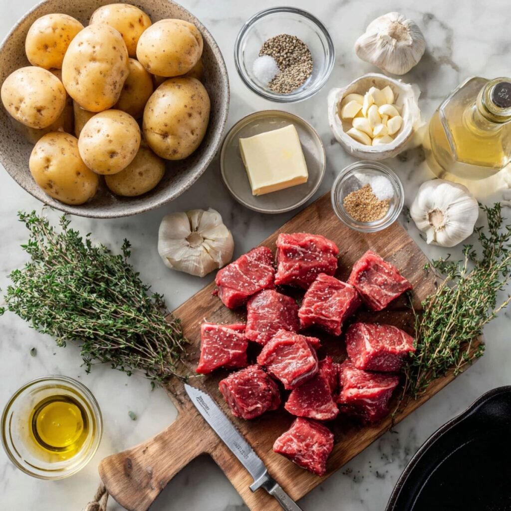 Complete ingredients for garlic butter steak bites and potatoes including cubed sirloin steak, baby potatoes, fresh garlic and herbs. All one-skillet dinner components arranged on white marble counter for easy preparation.