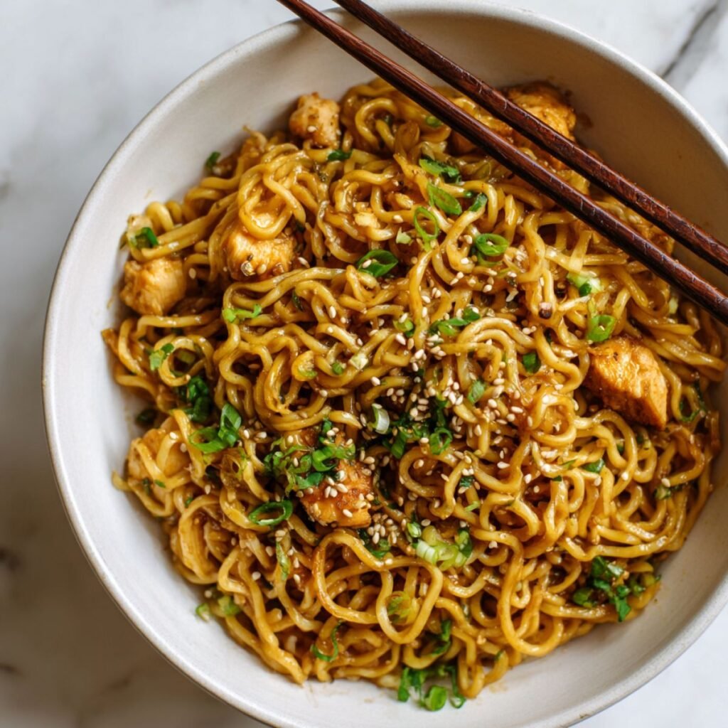 Garlic chicken noodles with glossy brown sauce and sesame seeds in white bowl. Savory 25 minute recipe with tender chicken pieces and chewy ramen noodles in sticky garlic sauce.