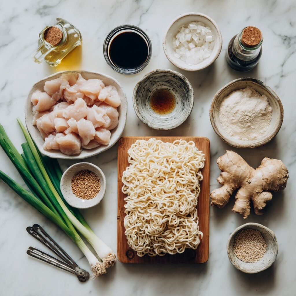 Complete ingredients for garlic chicken noodles including fresh ramen, chicken thighs, garlic and Asian sauces. All recipe components arranged in bowls on white marble counter for easy 25 minute preparation.