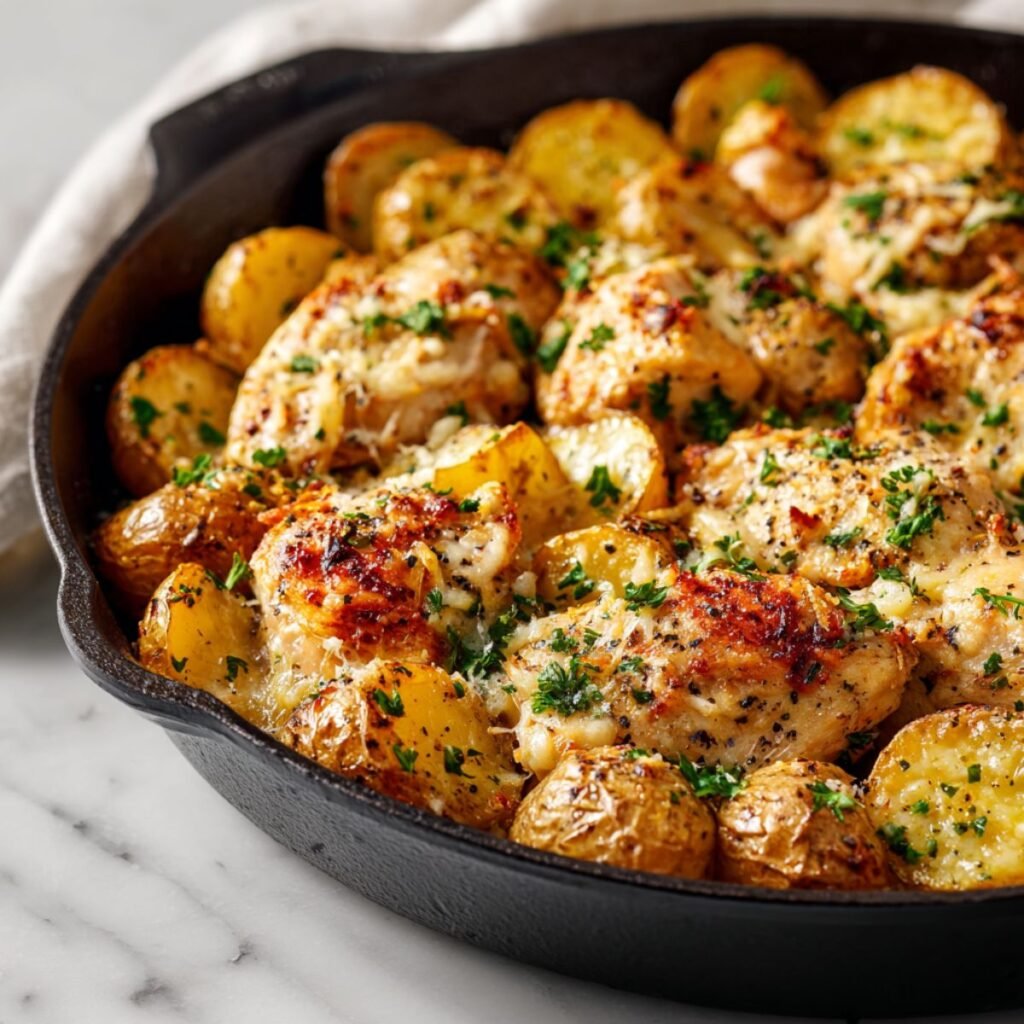 Garlic parmesan chicken and potatoes with golden-brown chicken, crispy potatoes and melted cheese in cast iron skillet.