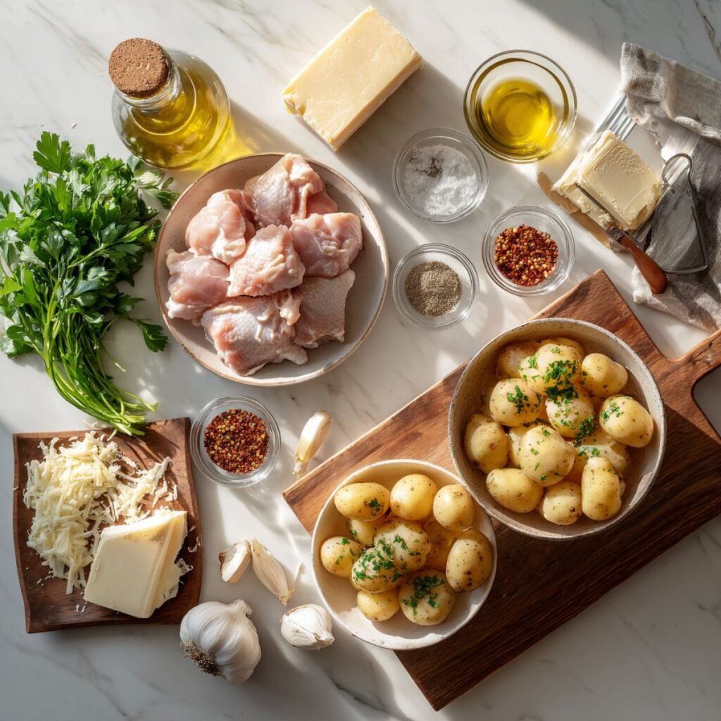 Complete ingredients for garlic parmesan chicken and potatoes including raw chicken, baby potatoes, fresh garlic and parmesan cheese.