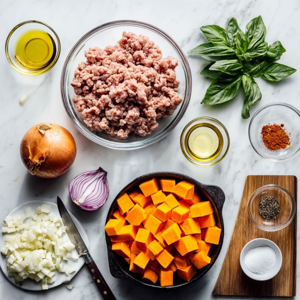 ingredients for ground turkey and sweet potato skillet including lean ground turkey, cubed sweet potatoes, fresh basil and spices. All one pan healthy dinner components arranged on white marble counter for easy preparation.