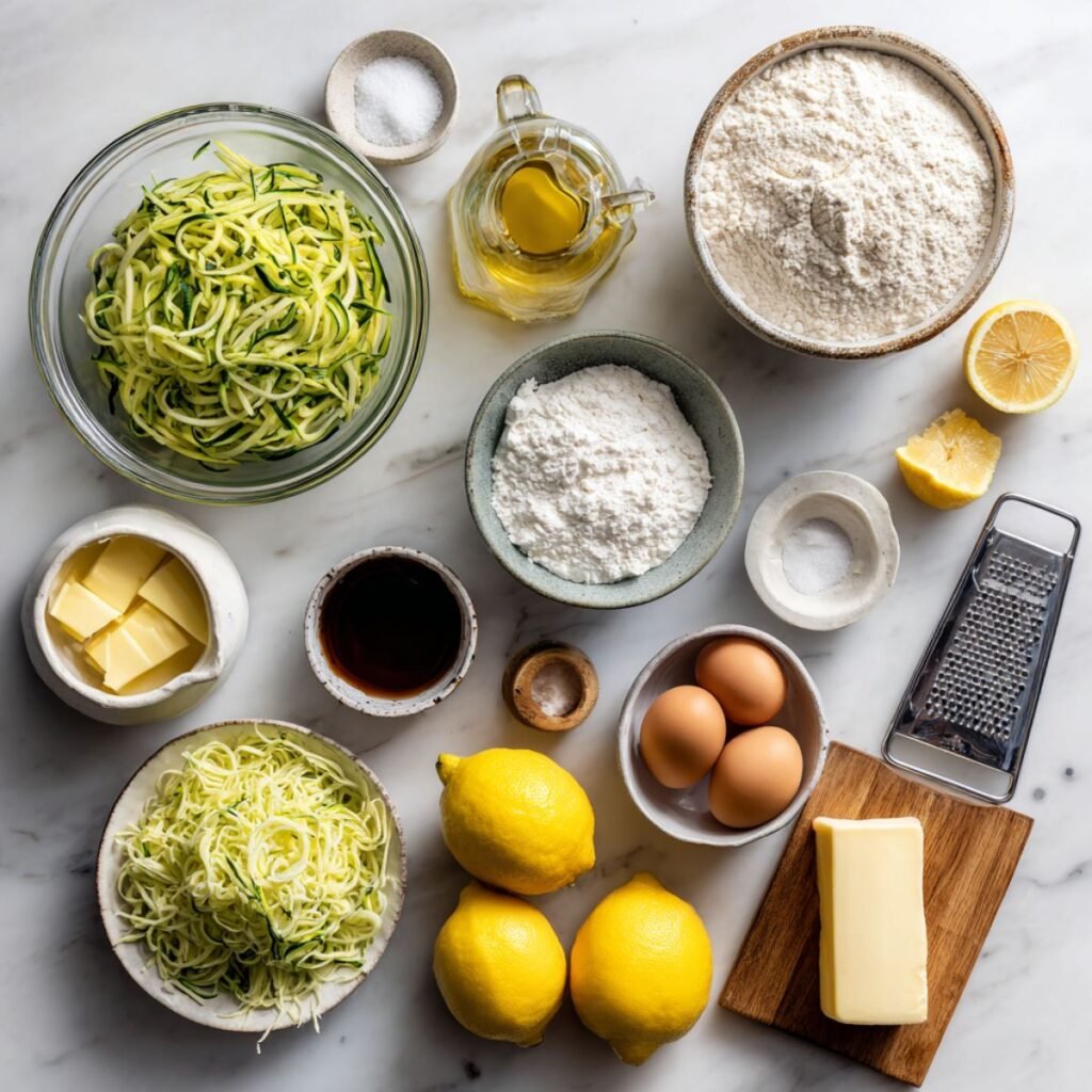 Complete ingredients for lemon zucchini bread including fresh grated zucchini, bright lemons, flour and baking essentials. All quick bread components arranged in bowls on white marble counter for easy preparation.
