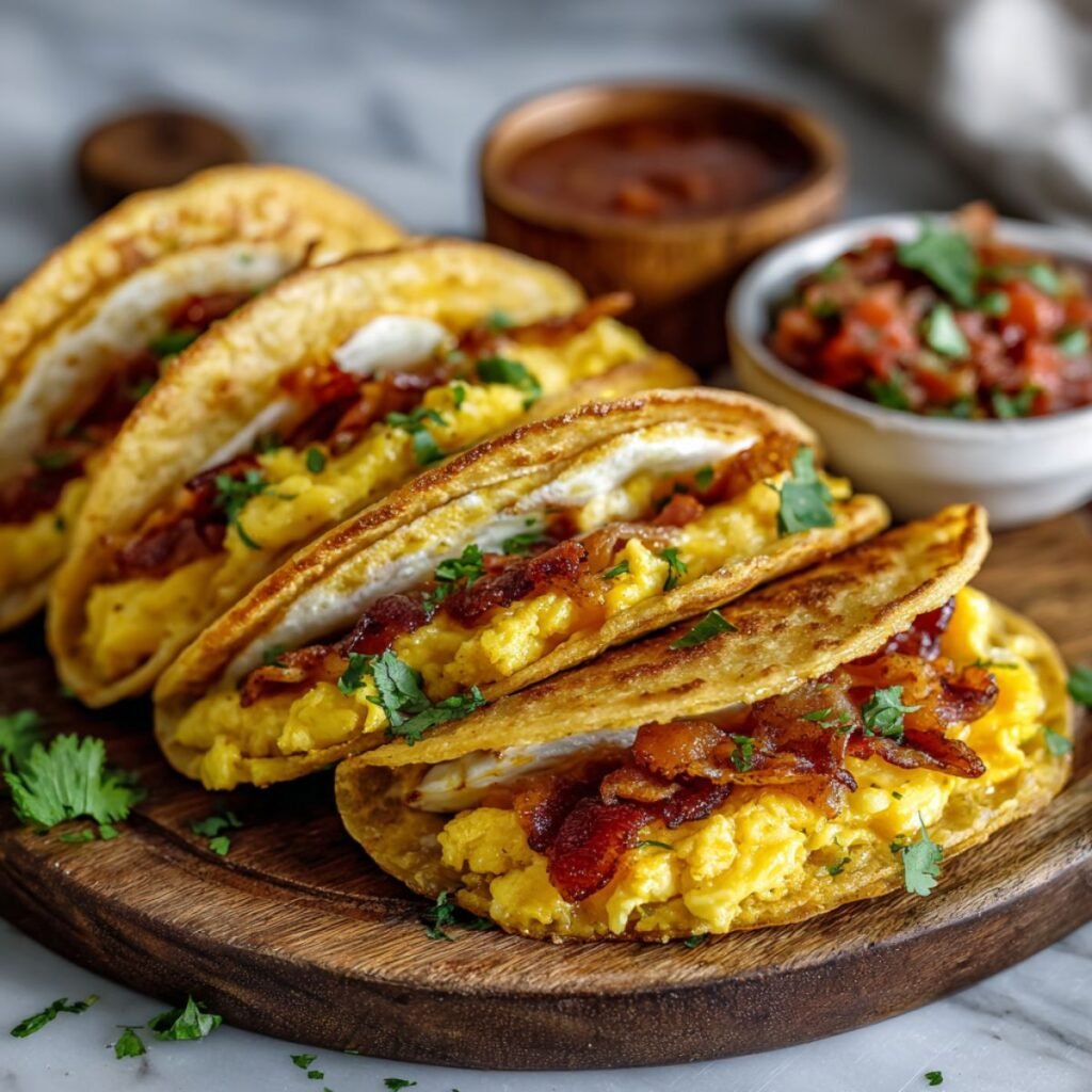 Golden pancake tacos filled with scrambled eggs and crispy bacon on wooden plate. Creative 30 minute breakfast recipe with fluffy pancake shells and savory filling.