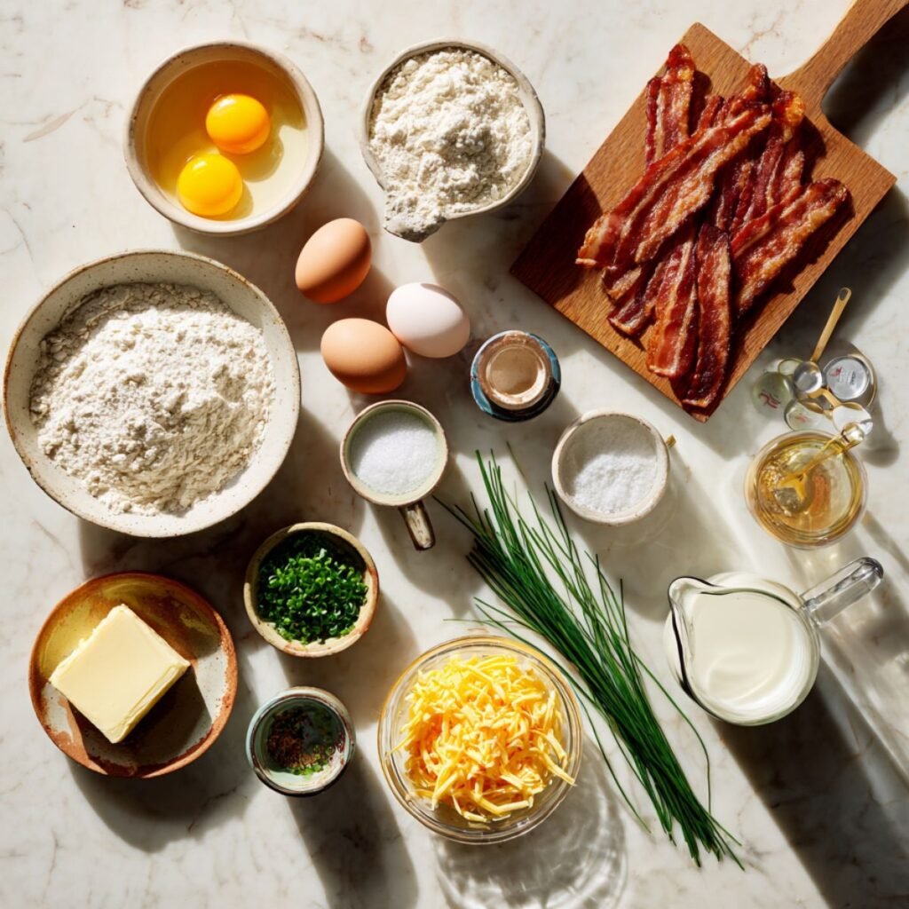 Complete ingredients for pancake tacos recipe including flour, eggs, bacon and milk. All breakfast components arranged in bowls on white marble counter for easy 30 minute preparation.