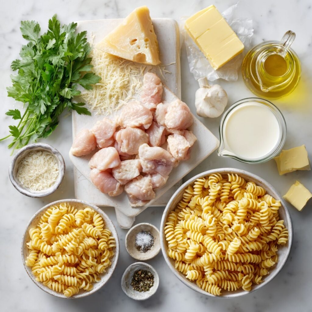 Fresh ingredients for parmesan chicken pasta including chicken thighs, rotini pasta, fresh parmesan cheese and heavy cream. Complete recipe components arranged on white marble counter for easy 35 minute preparation.
