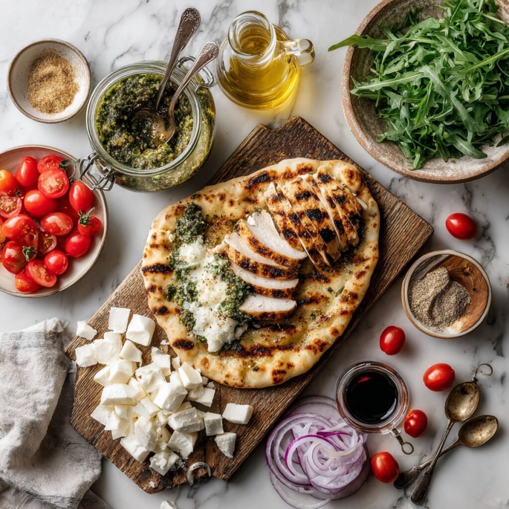 Fresh ingredients for pesto chicken flatbread including naan bread, basil pesto, grilled chicken and mozzarella cheese. Complete recipe components arranged on white marble counter for easy 20 minute preparation.