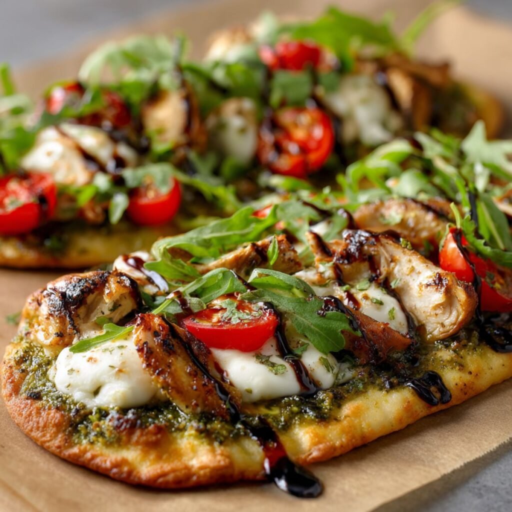 Pesto chicken flatbread with melted mozzarella, grilled chicken and fresh arugula on golden naan. Easy 20 minute restaurant-quality dinner recipe with basil pesto and balsamic glaze.